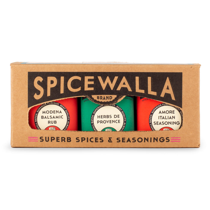 The Spicewalla Mediterranean 3 Pack Collection comes in a brown box labeled SUPERB SPICES & SEASONINGS and contains three tins: Balsamic Rub, Herbs de Provence, and Amore Italian Seasoning.