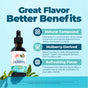 MaryRuth's Vegan Liquid Chlorophyll Drops, derived from mulberry and peppermint-flavored, are shown with green leaves and icons highlighting their natural benefits in the promotional design.