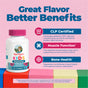 A bottle of MaryRuth’s Kids Magnesium Calm Gummies is displayed next to blocks. The text highlights CLP certification, Calm Support, muscle function, and Bone Health benefits, accompanied by icons and a disclaimer at the bottom.