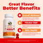 A bottle of MaryRuth's Multivitamin + Hair Growth Gummies sits beside three gummies. Text on a peach background highlights benefits—wellness, hair growth, and skin health—with icons and brief descriptions.