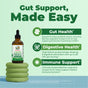 A bottle of MaryRuth’s Organic Liquid Probiotic Drops rests on green stacked rings. Text and icons highlight gut, digestive, and immune support. A disclaimer states the product isn’t FDA approved.