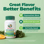 MaryRuth’s Super Greens gummies bottle surrounded by fresh kale and a sliced orange, with callouts listing a phytonutrient blend, bioflavonoid content, and Clean Label Project Purity Award.