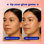 Side-by-side photos of a woman’s face. Left: matte, dry skin labeled “Before: parched skin.” Right: smooth, radiant skin labeled “After: Glow Serum Face Milk by FaceTory.” Text above reads “Up your glow game.”.