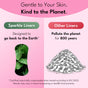 Infographic compares Sparkle Panty Liners—shown with green leaves, USDA Certified Biobased, Vegan Approved, hypoallergenic—to other panty liners that pollute for 800 years, highlighting Sparkle’s eco-friendly benefits.