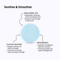 A blue, round Smoothing Conditioner Bar – Chia Glow by Sunniemade is centered with three arrows directing attention to the benefits of chia seed oil, cocoa butter, and panthenol for hair care. The text emphasizes hydration, shine, and strength while highlighting how these ingredients work together to reduce frizz.