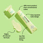 A green tube of Sunniemade Healing Lip Balm - Hello Aloe is displayed, featuring text that highlights its benefits: 40% more product, an easy-squeeze design, a vegan formula with soothing aloe vera, and no PVA lining—all packaged in recyclable materials—set against a light green background.