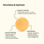 A round, orange Moisturizing Conditioner Bar - Mighty Mango by Sunniemade is shown with text highlighting its ingredients: mango butter, cocoa butter, and panthenol—each nourishing, hydrating, and protecting hair as indicated by arrows pointing to the product. This plastic-free bar delivers powerful care in an eco-friendly way.
