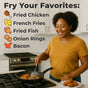 A woman in a yellow shirt fries chicken in her kitchen, using FryAway Pan Fry Used Cooking Oil Solidifier Powder for easy cooking oil cleanup. The text lists Fried Chicken, French Fries, Fried Fish, Onion Rings, and Bacon with small corresponding icons. Smiling, she holds a plate by the stove.