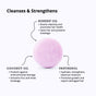 A pink, round Strengthening Shampoo Bar – Super Bloom by Sunniemade features text highlighting the benefits of rosehip oil, coconut oil, and panthenol for hair—improving elasticity, protection, hydration, and repair—with black arrows linking these details to the bar itself to showcase this plastic-free shampoo alternative.