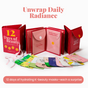 A red FaceTory 12 Days of Beauty Sheet Mask Set is open, displaying numbered envelopes and vibrant sheet masks for all skin types. Above, the text reads: Unwrap Daily Radiance.