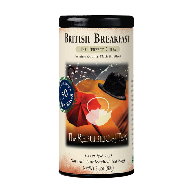 A cylindrical tin of The Republic of Tea British Breakfast Black Tea, featuring an umbrella and bowler hat, contains 50 natural, unbleached Ceylon tea bags with a net weight of 2.8 oz (80g).