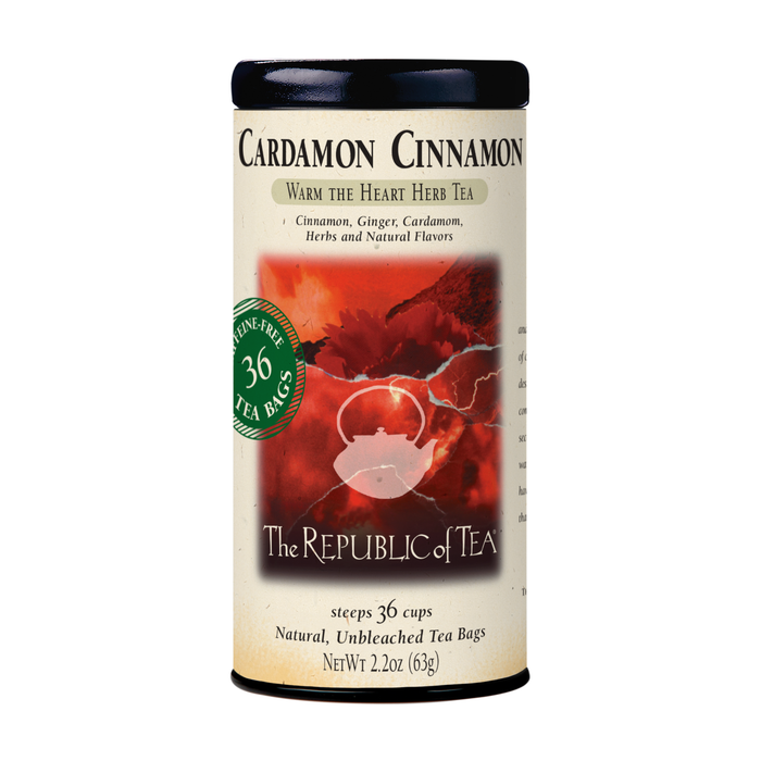 A cylindrical tin of The Republic of Tea Cardamon Cinnamon Herbal Tea contains 36 natural, unbleached, caffeine-free tea bags and features an illustration of a tea cup inspired by the warm flavors of India.