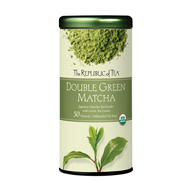 A cylindrical tin of The Republic of Tea Organic Double Green Matcha Tea USDA contains 50 natural, unbleached tea bags with Japanese matcha powder on top and green tea leaves below, all certified organic.