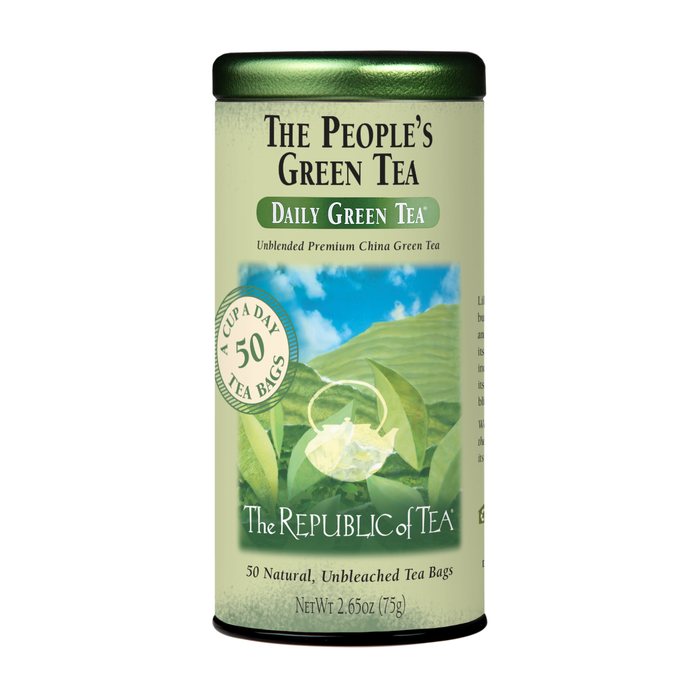 The Republic of Tea’s The People’s Green Tea comes in a cylindrical container with 50 natural, unbleached tea bags. Enjoy smooth flavor and green hills on the teacup-adorned packaging, supporting your physical well-being.