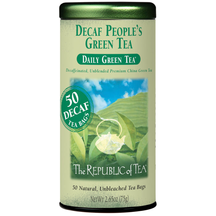 A tall green tin of Decaf The People's Green Tea by The Republic of Tea contains 50 natural, unbleached decaf green tea bags. Its packaging features a teacup and tea fields, highlighting chemical-free natural decaffeination.