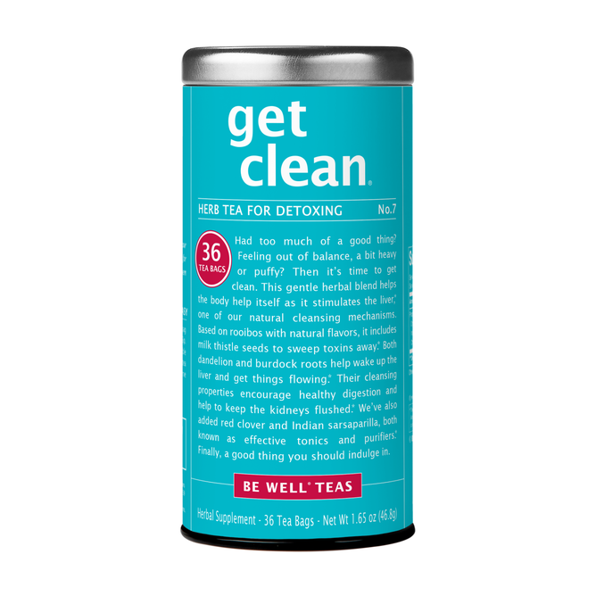 A cylindrical tin of The Republic of Tea's get clean No.7 Red Tea contains 36 tea bags. The blue and white label features milk thistle and other natural ingredients for a thorough liver cleanse and overall detox benefits.