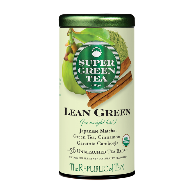 A cylindrical tin of The Republic of Tea’s Organic Lean Green SuperGreen Tea includes 36 tea bags blended with green tea, matcha, cinnamon, and garcinia cambogia. The label highlights weight-loss benefits.