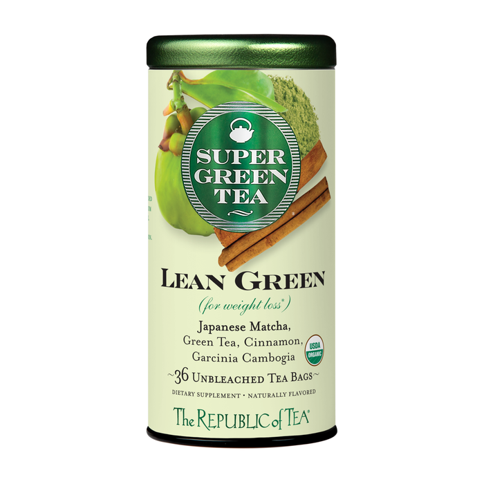 A cylindrical tin of The Republic of Tea’s Organic Lean Green SuperGreen Tea includes 36 tea bags blended with green tea, matcha, cinnamon, and garcinia cambogia. The label highlights weight-loss benefits.