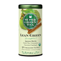 A cylindrical tin of The Republic of Tea’s Organic Lean Green SuperGreen Tea includes 36 tea bags blended with green tea, matcha, cinnamon, and garcinia cambogia. The label highlights weight-loss benefits.