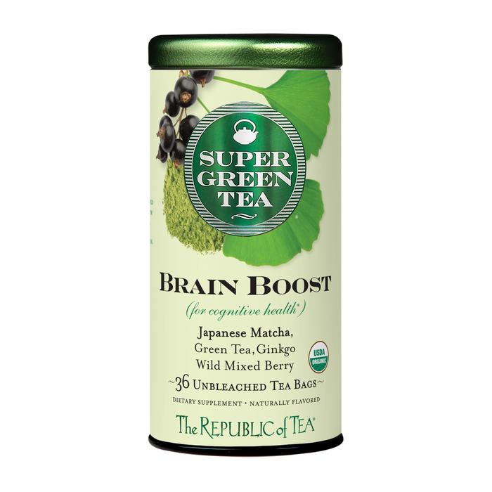 A cylindrical tin of The Republic of Tea Organic Brain Boost Green Tea with Japanese matcha, green tea, ginkgo, and wild mixed berry. The label has green leaves and contains 36 unbleached tea bags to support cognitive performance.