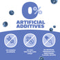 Infographic with blueberries and text: “0% Artificial Additives.” Icons show no common allergens, no high fructose corn syrup, and no artificial preservatives—ideal for parents seeking clean GENEXA Infants Pain and Fever medicine.