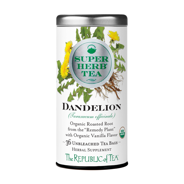 A cylindrical tin of The Republic of Tea Organic Dandelion SuperHerb Tea contains 36 unbleached tea bags of organic roasted root with vanilla flavor. The label shows dandelion flowers and leaves; enjoy as a coffee alternative and digestive aid.