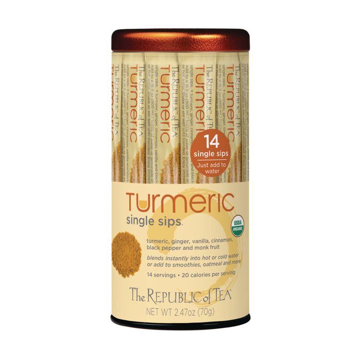 The Republic of Tea Organic Turmeric Single Sips Tea comes in a cylindrical container with 14 stick packs of organic turmeric powder, highlights of key ingredients and serving details, and a USDA organic label on the front.