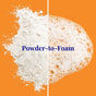 A split image shows powder on the left, foamy bubbles on the right, divided by a vertical line. Bold blue Powder-to-Foam text spans the center. Orange background. Features The Powder Shampoos Strengthening & Soothing Powder Shampoo for scalp balance and hair growth.