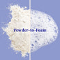 A split image showing powder on the left and foam on the right, with the text Powder-to-Foam in bold blue letters across the center, on a light purple background.