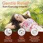 A smiling woman in a floral dress relaxes on grass, arms behind her head. Text: Gentle Relief from Everyday Irritants with Marie Originals Sinus Congestion Relief Spray—targets Outdoor Triggers, Indoor Triggers, and Sinus Congestion.