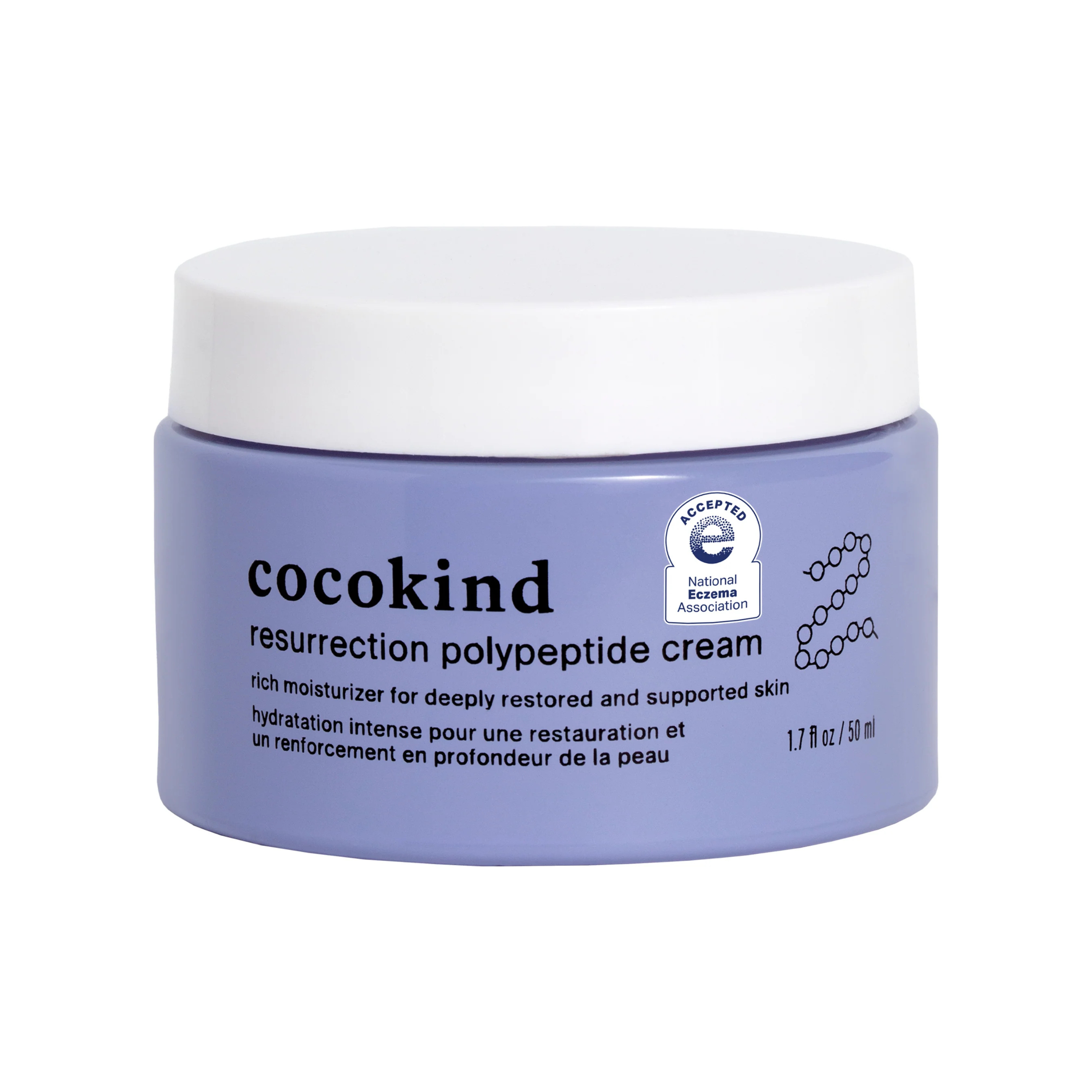 A lavender jar of Cocokind resurrection polypeptide cream with a white lid. The label describes it as a rich moisturizer for deeply restored and supported skin, and displays a certification badge. The jar holds 1.7 fl oz (50 ml).