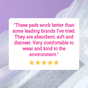 A five-star review in bold pink and yellow text praises Flo Sensitive Bladder Bamboo Long Plus Pads by Here We Flo as softer and more absorbent than leading brands, set over a close-up of white pads on a soft purple background.
