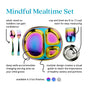 The Ahimsa Mindful Mealtime Set for kids includes stainless steel fork, spoon, divided plate, cup, and bowl with adult-sized utensils, portioned sections, and is available in three stunning iridescent finishes.