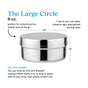The Ahimsa Large Circle is an 8 oz stainless steel food storage container with lid (3.9" wide, 1.9" tall). Reusable for snacks, its surface can be labeled with Sharpie and scrubbed clean for repeated use.