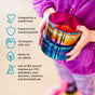 A child in a purple jacket holds three colorful Ahimsa "The Large Circle" stainless steel food storage containers. Text lists: pediatrician-designed, protects from bacterial growth, dishwasher-safe, eco-friendly, and free of BPA, PVC & lead.