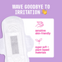 An open Flo Sensitive Bladder Bamboo Pad by Here We Flo on a purple background. Text: Wave goodbye to irritation. Icons reveal odour neutralising, skin-friendly, ultra-soft organic bamboo and plant-based ingredients.