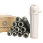 The PlanetCare 2.0 Microfiber Filter Kit, a white plastic washing machine attachment by PlanetCare, sits beside grey pipes and is designed to help remove microplastics from laundry water.