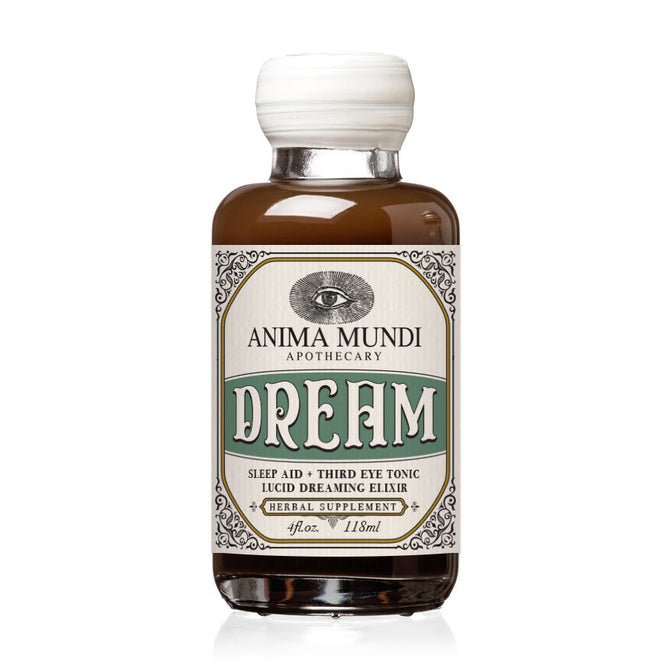 A 4 oz (118 ml) bottle of Anima Mundi DREAM Elixir Sleep Aid + Third Eye Tonic, a herbal supplement with visionary plants for nervous system support and lucid dreaming, comes with a white cap.