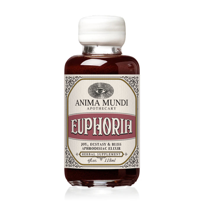 Anima Mundi’s EUPHORIA Elixir Aphrodisiac is an herbal supplement blended to promote joy, ecstasy, and bliss for the mind while supporting reproductive organs. Comes in a 4 fl oz (118 ml) glass bottle.