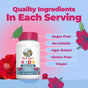 A bottle of MaryRuth's Kids Magnesium Calm Gummies is displayed with text emphasizing bone health support, sugar free, no gelatin, agar based, gluten free, and vegan. Hibiscus flowers are featured in the background.