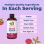 MaryRuth’s Vegan Liquid Iron—Vegan, Sugar Free, Non-GMO, Gluten Free & For Ages 4+! This gentle supplement features Ferrochel® for optimal absorption. Berry illustrations pop against a purple background with the message: “Multiple Quality Ingredients In Each Serving.”.