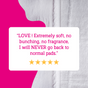 A customer review for Here We Flo’s FLO Organic Bamboo Period Pads Megapack reads: “LOVE! Extremely soft, no bunching, no fragrance, I will NEVER go back to normal pads.” Five gold stars and a bamboo pad on pink are partially visible.