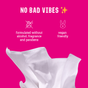 A white FLO Get Fresh Body + Intimate Wipe by Here We Flo on a pink background reads "No Bad Vibes." These plant-based, vegan wipes are alcohol, fragrance, and paraben free—formulated for sensitive skin and shown with simple icons.