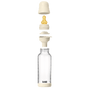 Exploded view of the BIBS Glass Baby Bottle with Natural Rubber Nipple Complete Set (0+ Months) shows cream-colored cap, yellow rubber nipple, collar, anti-colic sealing disc, and clear bottle with BIBS logo at the bottom.