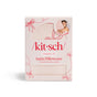 The Kitsch Standard Satin Pillowcase comes in light pink with red line art bows and an inset photo of a smiling person. The packaging highlights comfort for hair and skin and helps reduce hair breakage for smoother mornings.