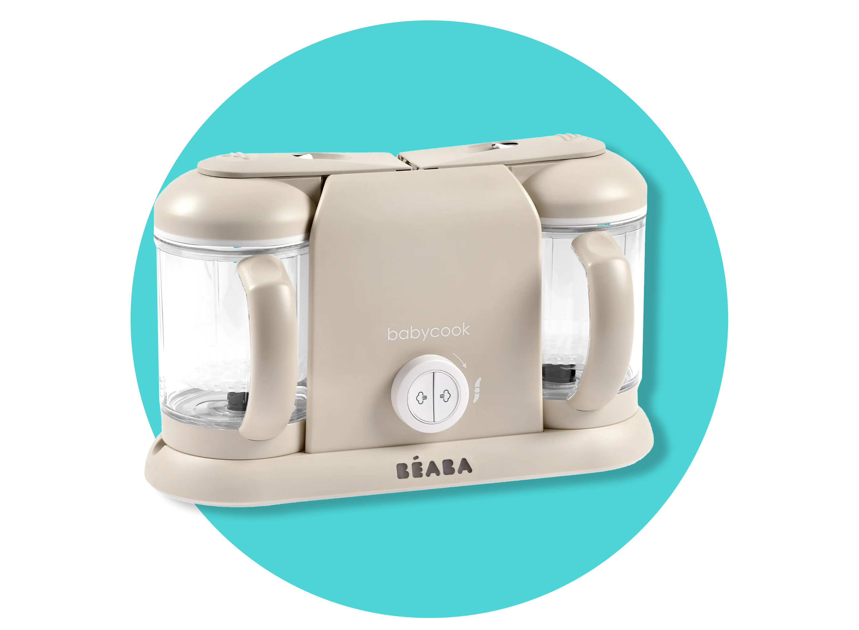 A beige BEABA Babycook baby food maker with two clear containers and handles, displayed on a blue circular background.