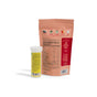 A cylindrical yellow 8Greens supplement bottle and a peach resealable pouch from the 10 Day Trial Kit - Gummies + Tablets stand upright on a white background, featuring icons for spinach, broccoli, and omegas.