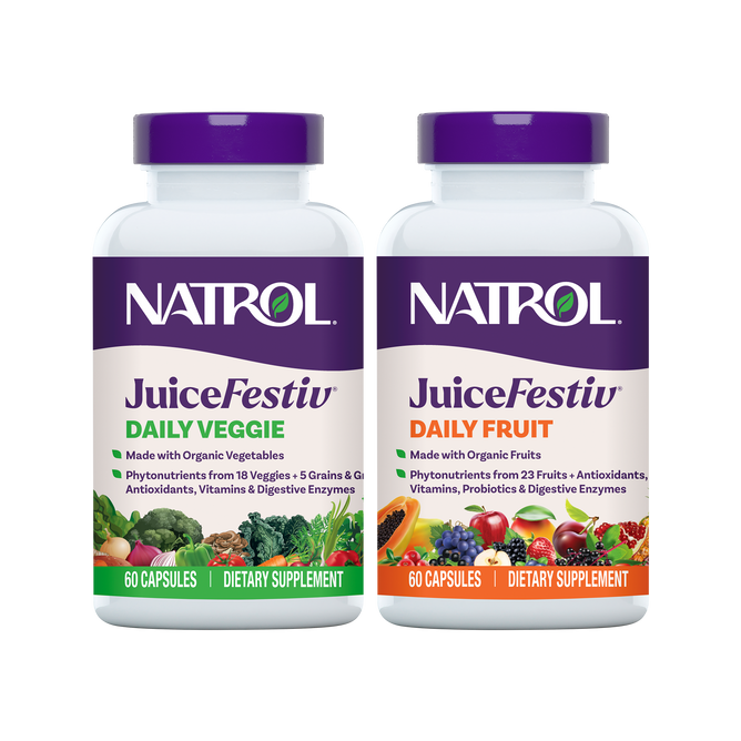 Two bottles of Natrol JuiceFestiv Cap-60 + Cap-60 are displayed side by side; one is labeled Daily Veggie, the other Daily Fruit. Each contains 60 capsules with antioxidants from organic fruits and vegetables.