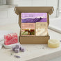 A Soapymania Body Care Set sits open on the counter with vibrant soap, sugar scrub cubes, and loofah bars, alongside a pink exfoliating bar, purple scrub cubes, a round yellow soap, oats, and a sprig of lavender.