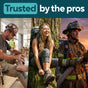 A construction worker, hiker, and firefighter appear in separate scenes beneath “Trusted by the pros”—demonstrating confidence in Marie Originals Athlete's Foot Relief Spray for tough jobs.